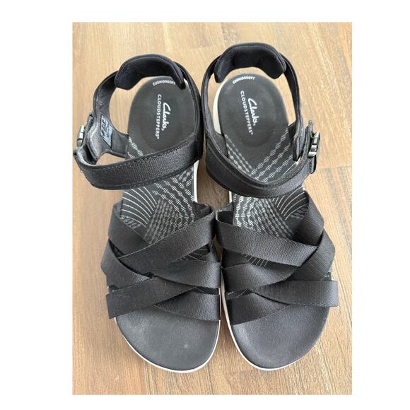 Clarks Cloudsteppers Ankle Strap Heeled Black Sandal Women's Size 10 - Picture 1 of 7